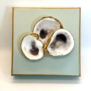 3 Oyster Shell Art on Seafoam Green Gold Trim Canvas Coastal Wall Decor 6x6